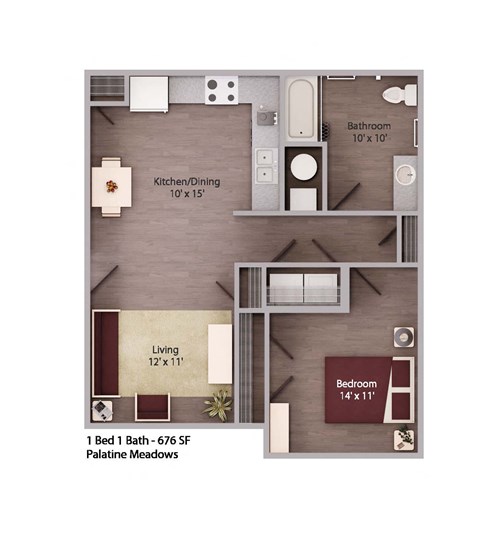 Floor plan for 1 bed, 1 bath, 676 sqft